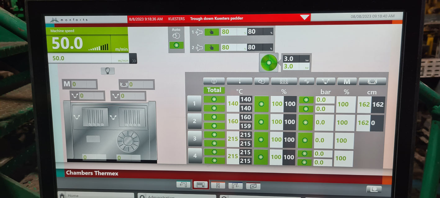 The modernisation project included new control cabinets, gear motors for the fabric transport drives and PC, PLC control, touch panels and frequency inverters. © Monforts